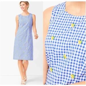 Talbots Womens Dress 22W Sleeveless Blue White Gingham Embroidered Lemons Lined
